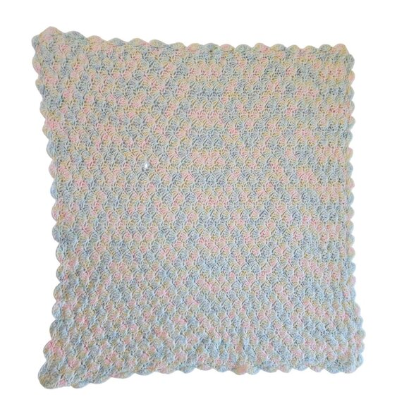VTG Pastel Rainbow Colors Crochet/Knit Wool Square 30"x33" Baby Blanket Throw - Picture 2 of 13